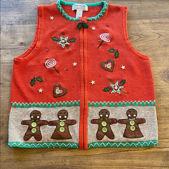 Heirloom Collectibles Christmas Red Vest with Gingerbread Candy Sweater Applique - Picture 2 of 11